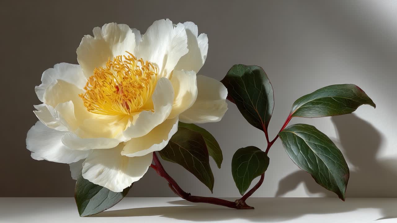 Eine Nahaufnahme einer wunderschönen weißen Pfingstrosenblüte mit goldgelben Staubgefäßen und üppig grünen Blättern in weichem natürlichem Licht, die ihre zarte Eleganz und Anmut zur Geltung bringt