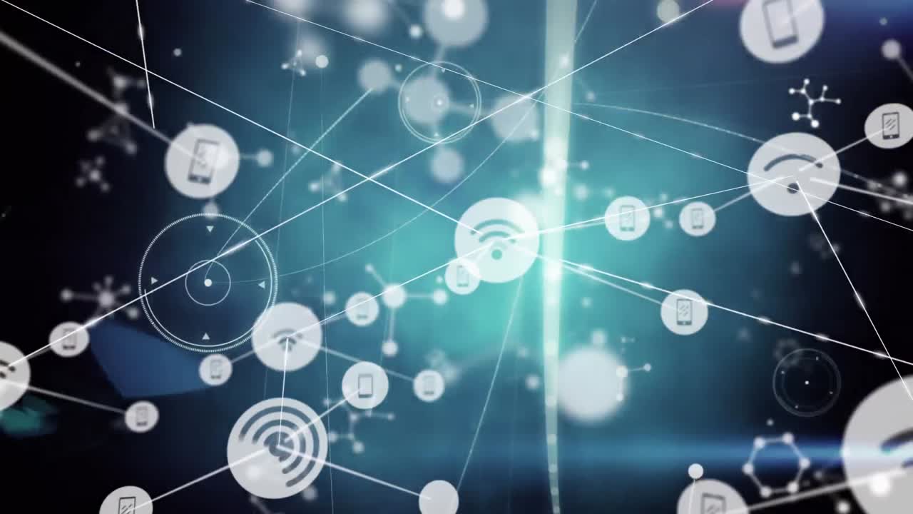 wi-fi와 전화 아이콘의 애니메이션, 선과 분자가 서로 연결되어 추상적으로 움직입니다.