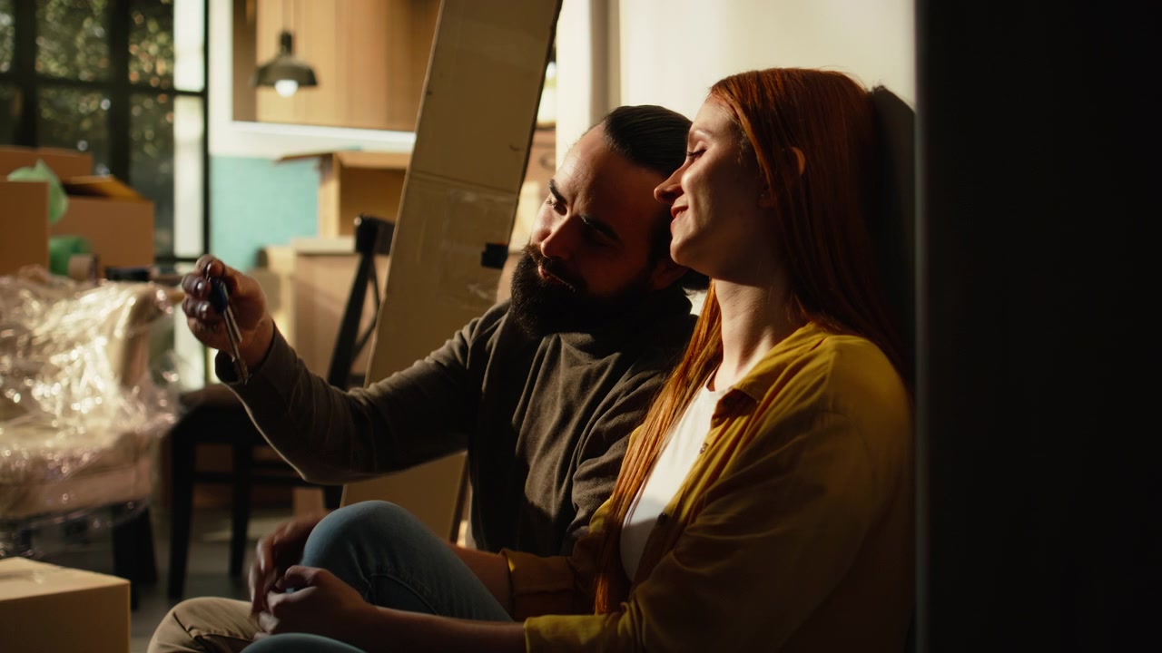Happy Couple Sitting on Floor Holding New House Keys