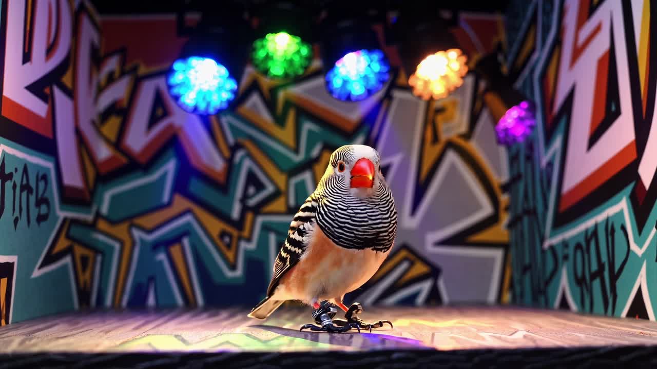 Colorful zebra finch confidently struts across a vibrant graffiti backdrop, illuminated by dynamic stage lights, showcasing its lively personality and charming presence
