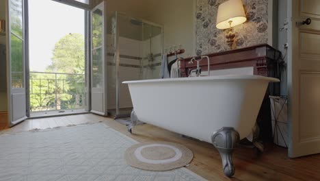 beautiful modern bathroom interior view with carpet and open window