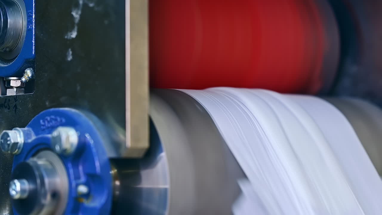 Two big shafts rotating quickly and moving the material for nappies. The technological process of diapers production. Movement of fiber on the conveyor line.