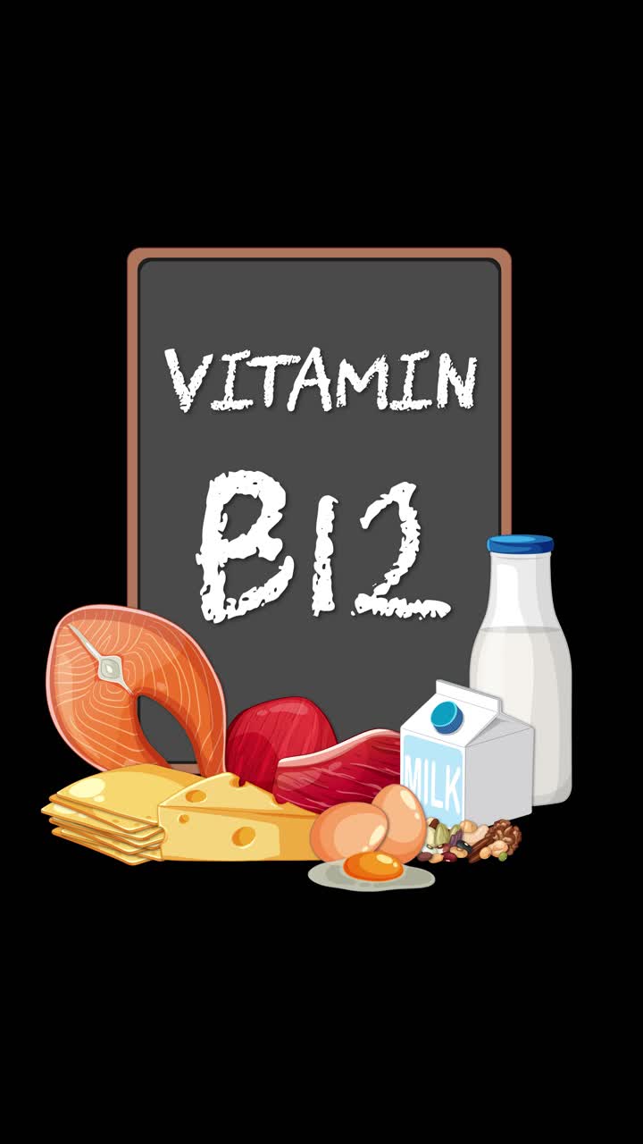 Chalkboard with Vitamin B12 text, animated food sources appear, flat style, black background