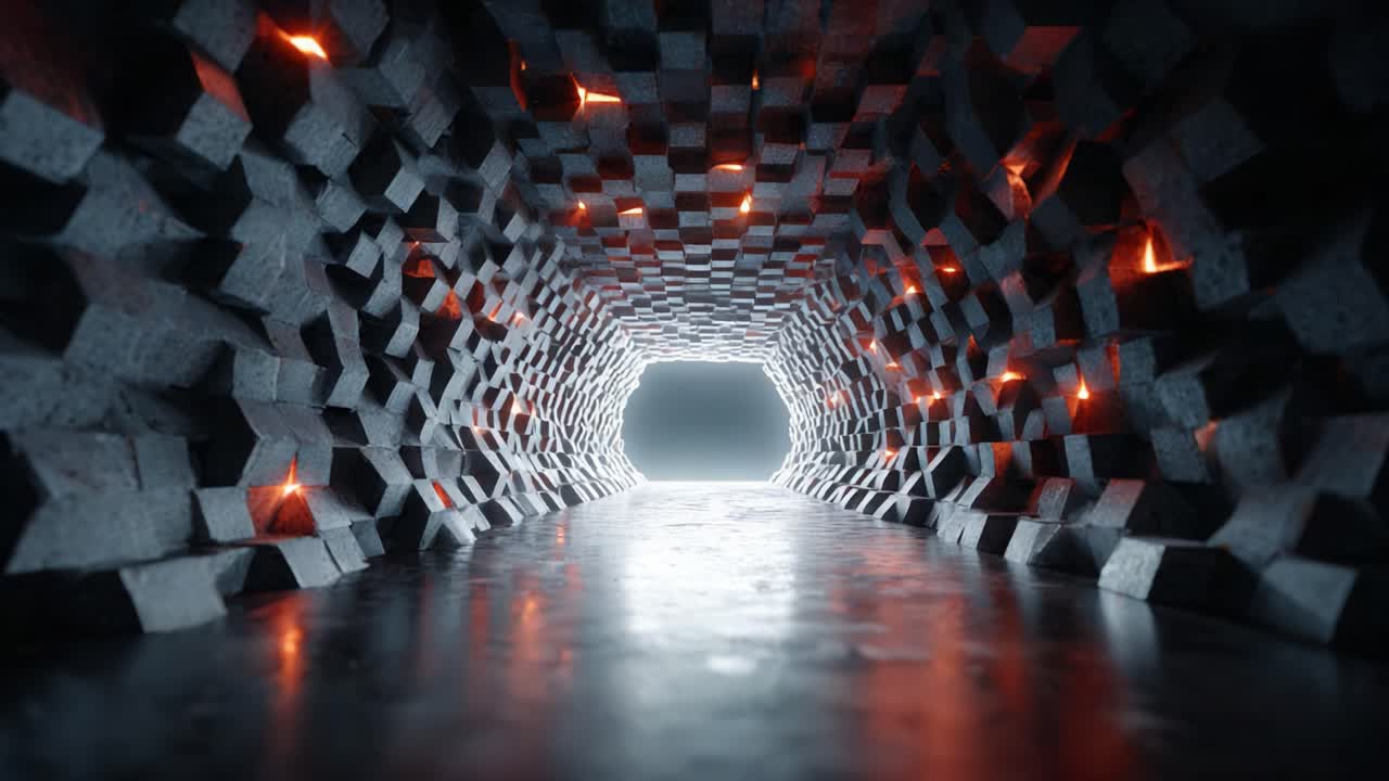 A Mesmerizing Journey Through a Futuristic Tunnel Illuminated by Glowing Edges, Leading to a Bright and Mysterious Exit, Capturing the Essence of Adventure and Discovery