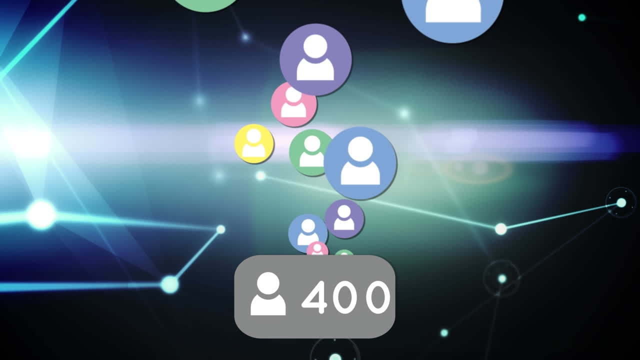 Animazione di icone di social media con numeri in crescita su reti di connessioni