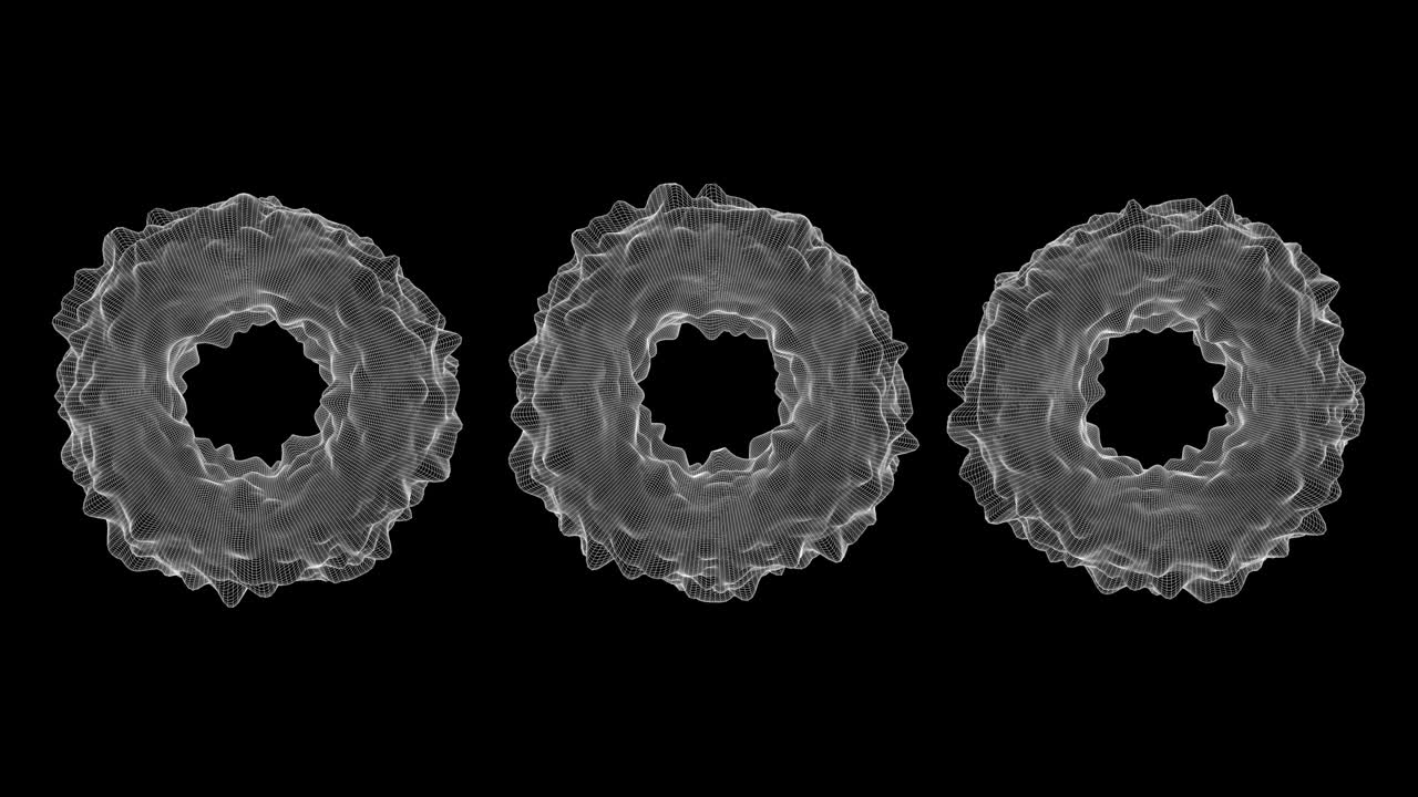 tres formas de círculo deformado. fondo negro, cuadrícula blanca. animación abstracta, renderizado en 3d.