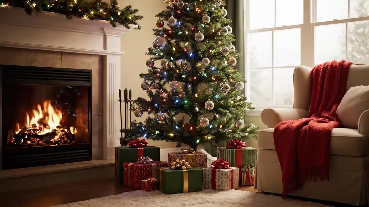 Cozy Christmas scene with gifts by a lit fireplace, captured from a side angle, perfect
