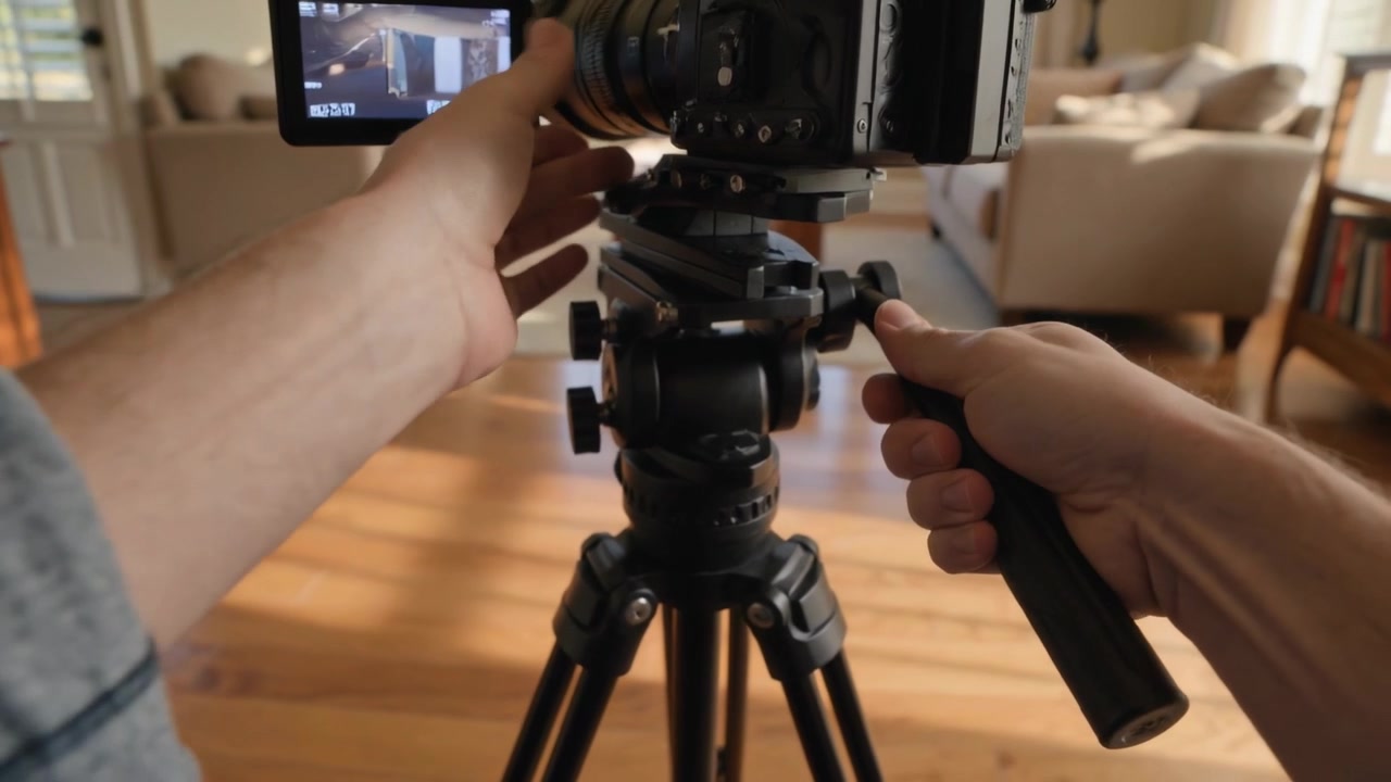 Alcanzando, un operador ajusta una cámara de trípode girando el mango panorámico para grabar en casa, con pantalla LCD y camisa gris.