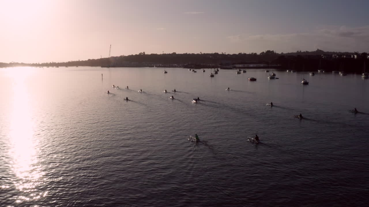 Kajakroere og sejlbåde på den rolige flod en tidlig morgen i New Zealand - luftdrone