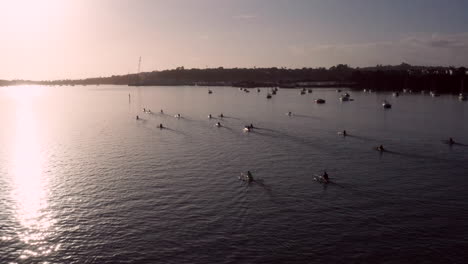 kayakers and sailboats on the calm river on an early morning in new zealand - aerial drone