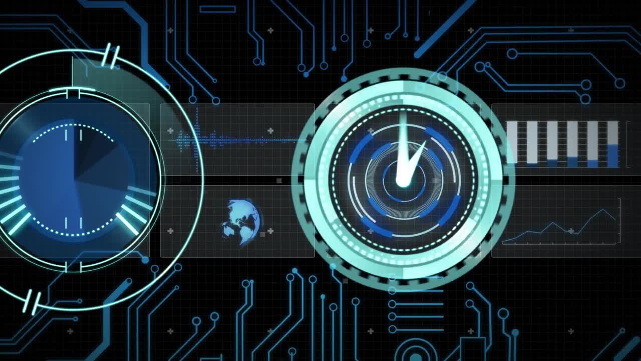 animación del procesamiento de datos con escaneo de alcance con reloj sobre fondo negro