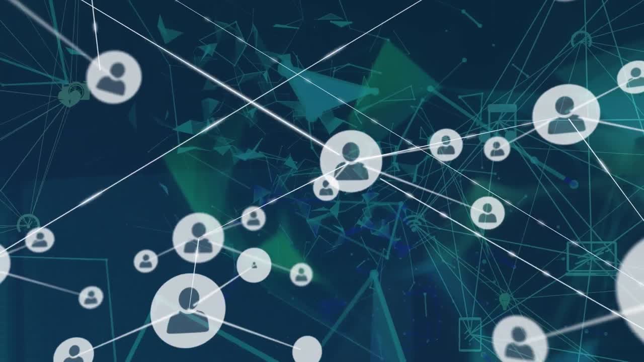 파란색 배경에 대한 플렉서스 네트워크를 통해 프로필 아이콘 네트워크의 애니메이션