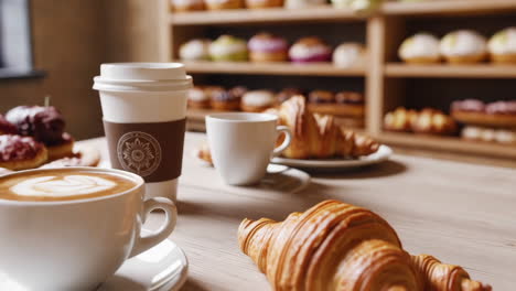 close-up of a delicious croissant and coffee in a bakery