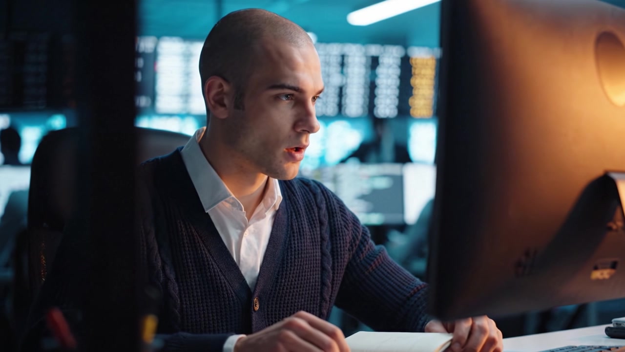 Focused Individual Analyzing Data on Computer Screen in a Dynamic Environment with Financial Charts and Information Displayed on Multiple Monitors Nearby