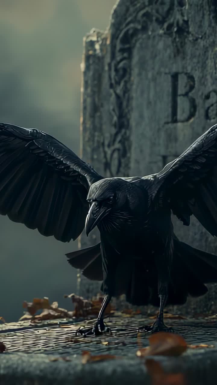 Vertical video: Landing crow thrusting wings, folding and rising to survey gravestone in cemetery