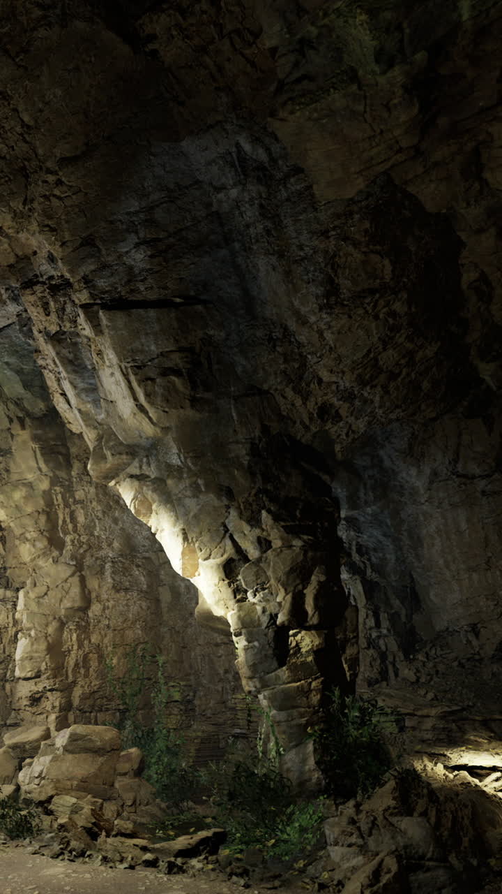 Esplorazione di una grotta con formazioni rocciose e luce che filtra all'interno