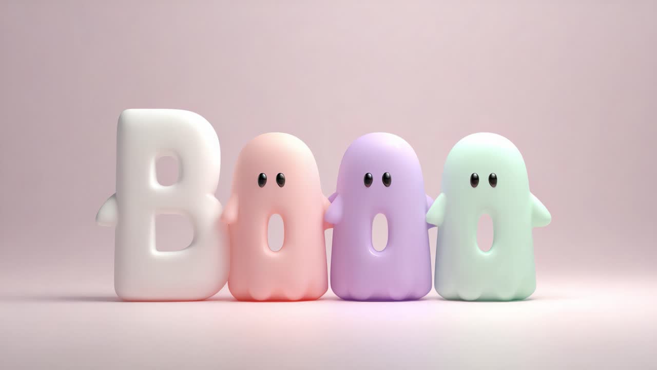 Adorable pastel colored ghosts spelling the word boo in a cute 3d animation for a happy Halloween greeting. Sweet spooky characters swaying gently in a seamless loop for endless fun