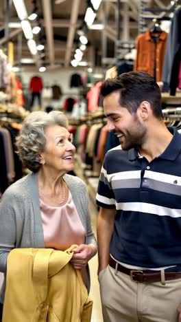 Young Man Helping Elderly Woman Shop for Clothes, Smiling