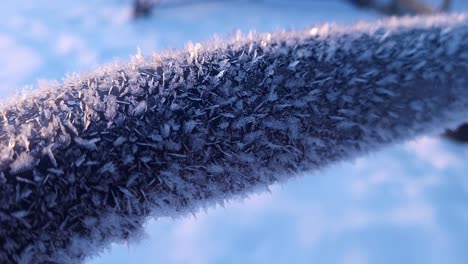 hoarfrost on a metal pipe in close macro shot, dolly in