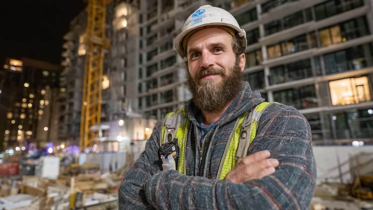 A confident construction worker poses for the camera at a building site, showcasing his craftsmanship and dedication to the ongoing project amidst the urban development