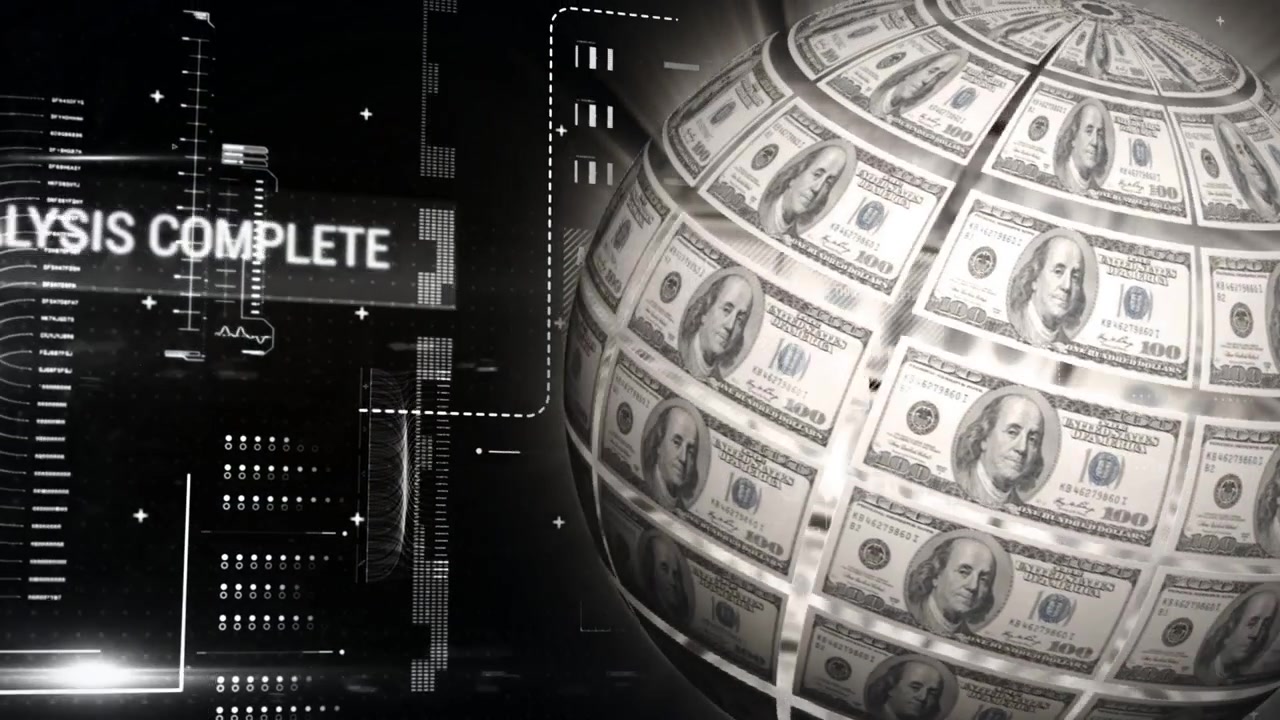 Globo di denaro che ruota a sinistra, la rotazione avvia l'analisi HUD, i pannelli si animano, l'analisi si completa.