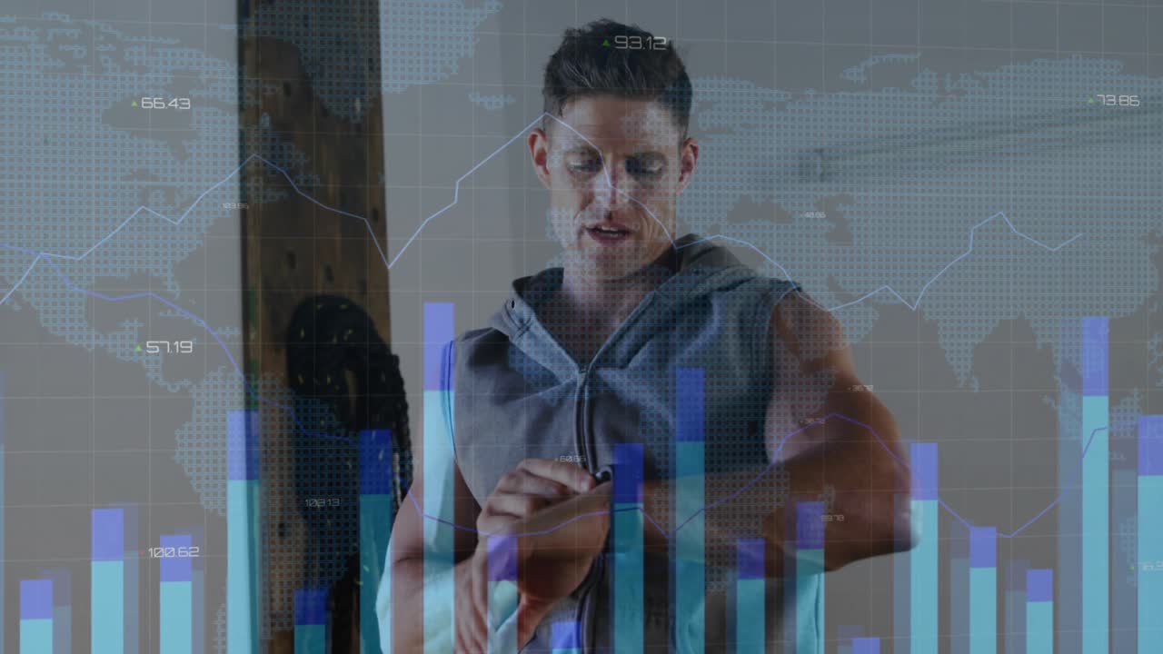 Mid-adult man exercising on treadmill, tapping watch and checking fitness data while graphs overlay