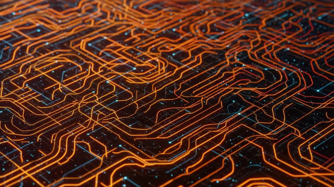 Abstract Circuit Board Design with Energetic Orange and Blue Lines Representing Digital Connectivity and Data Flow in a High-Tech Environment