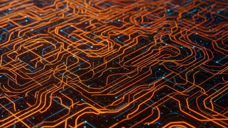 abstract circuit board design with energetic orange and blue lines representing digital connectivity and data flow in a high-tech environment