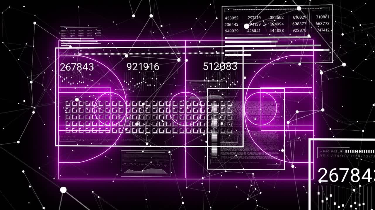 Emerging purple keyboard wireframe activating data panels displaying numbers while nodes drifting