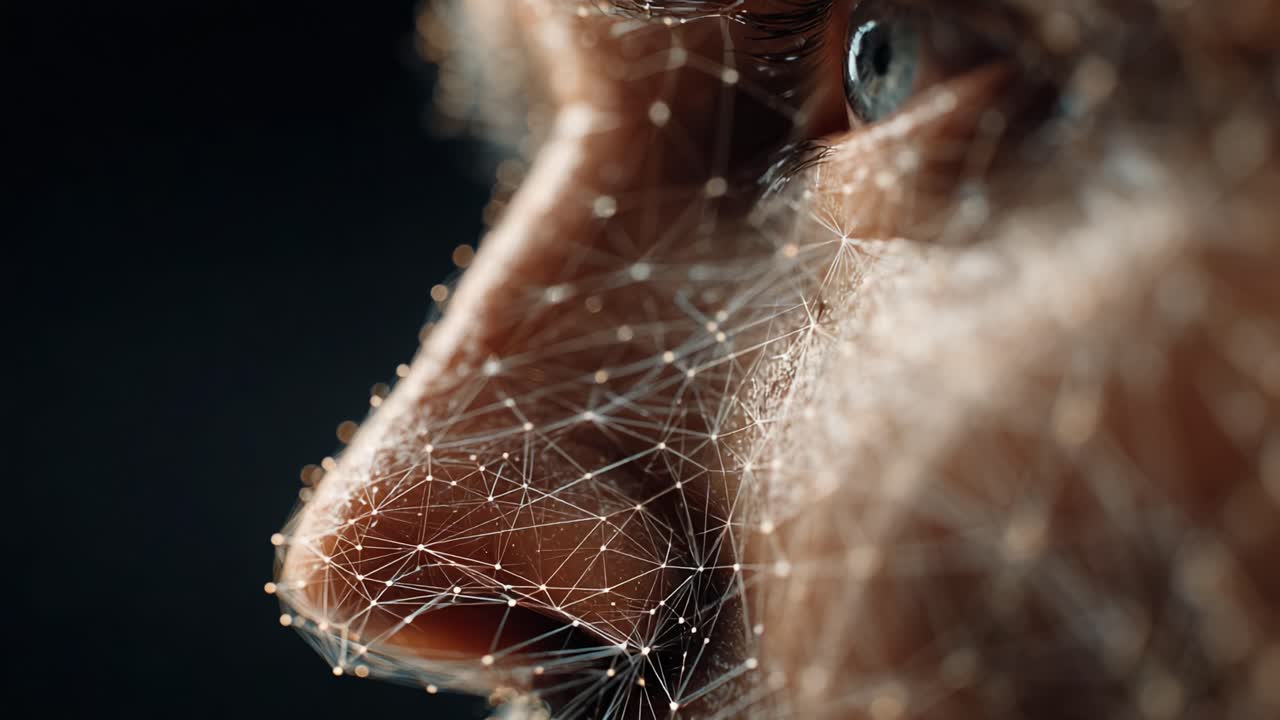 Intricate Network of Connections: A Close-Up Exploration of a Human Face Highlighting the Fusion of Technology and Emotion Through Lifelike Details and Textures