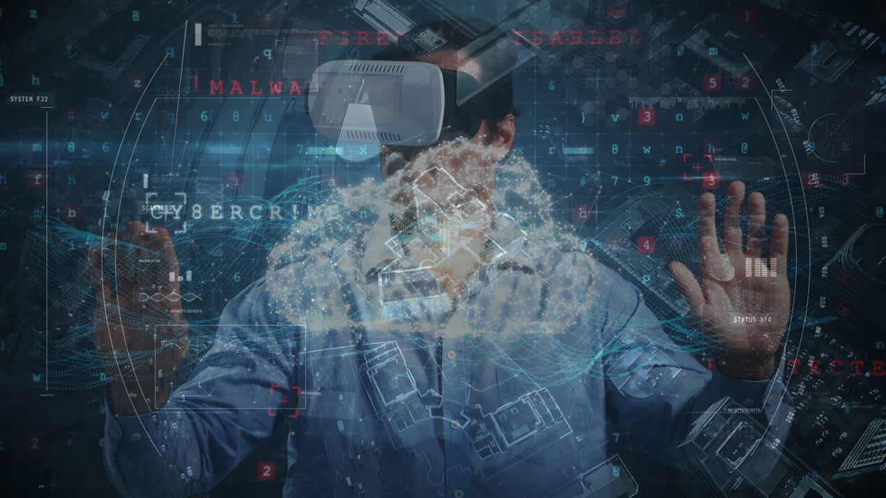 Animation of scope scanning and data processing over biracial man using vr headset