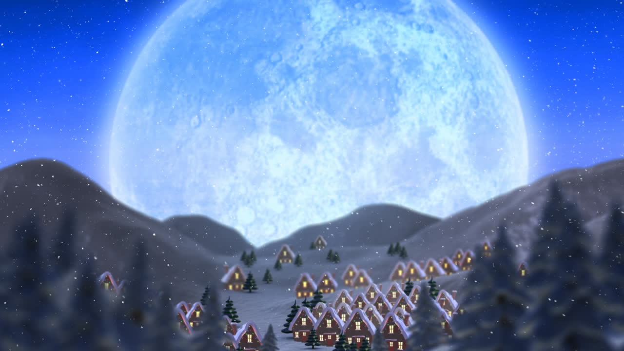 Paesaggio invernale con luna piena e neve che cade