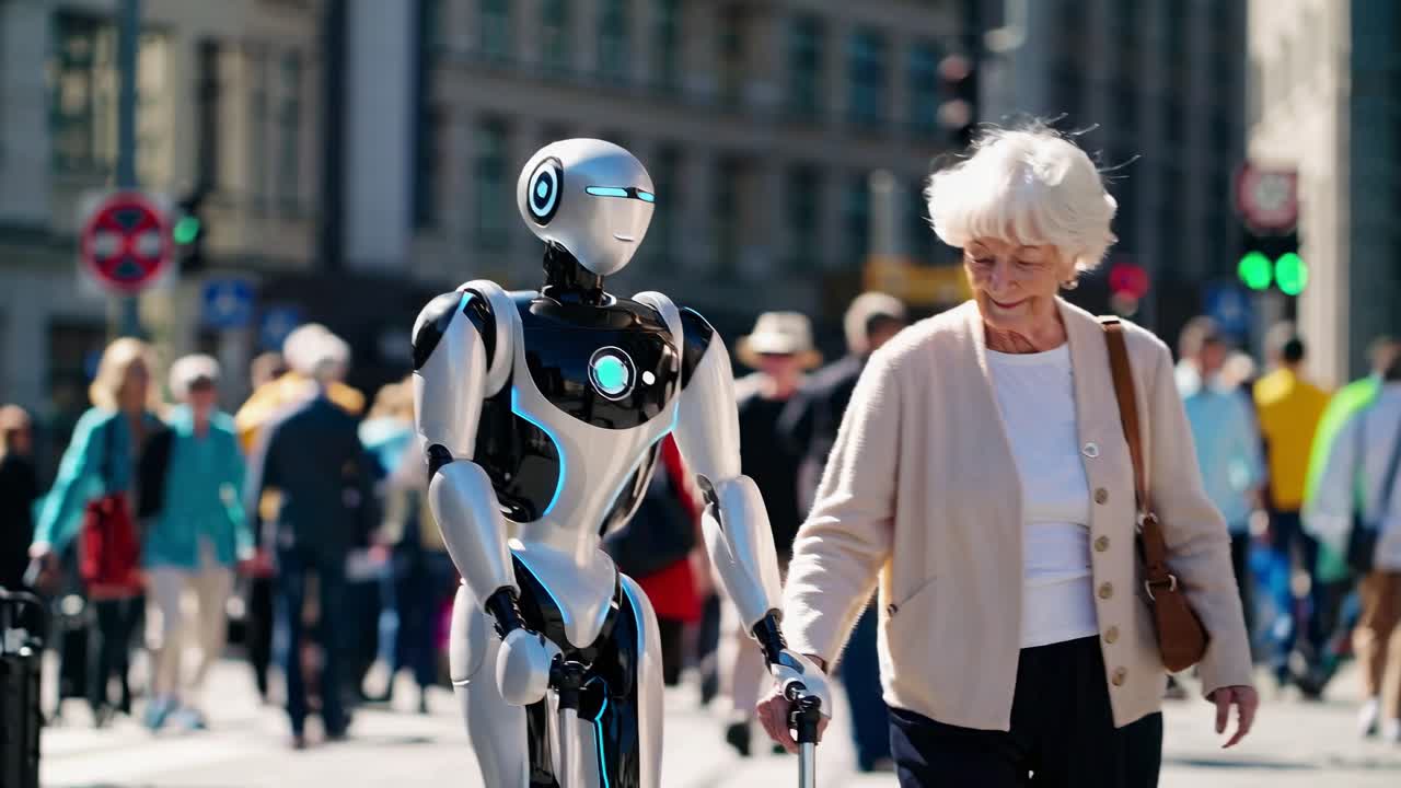 Robot assisting an elderly person in a city street