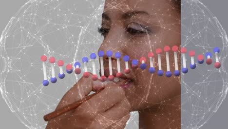 animación de cadena de adn y globo de conexiones sobre mujer biracial