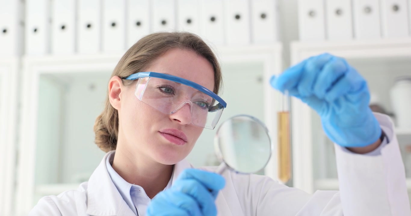 Il chimico utilizza una lente d'ingrandimento per studiare le proprietà del liquido.