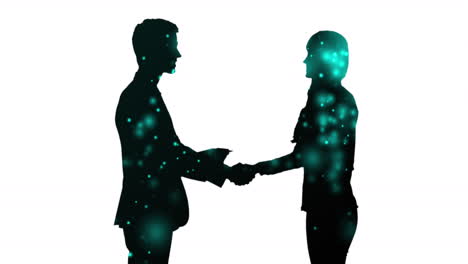 animation einer silhouette von geschäftsmann und geschäftsfrau, die sich auf weißem hintergrund die hände schütteln