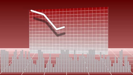 Animación-De-Gráfico-Descendente-Sobre-Gráfico-De-Barras-Sobre-Fondo-De-Degradado-Rojo