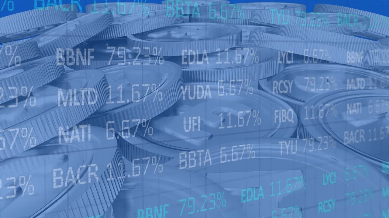 イギリスポンド硬貨の上に金融データ処理のアニメーション