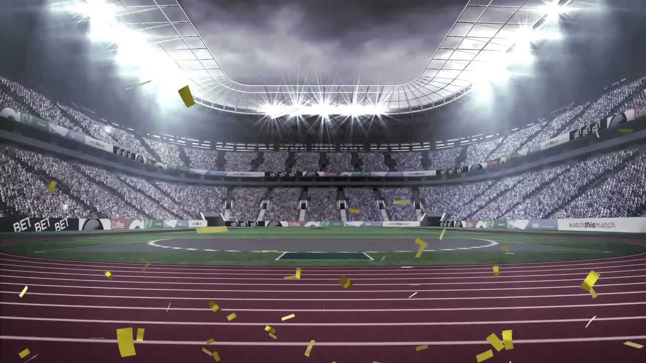animación de confeti cayendo sobre el estadio deportivo