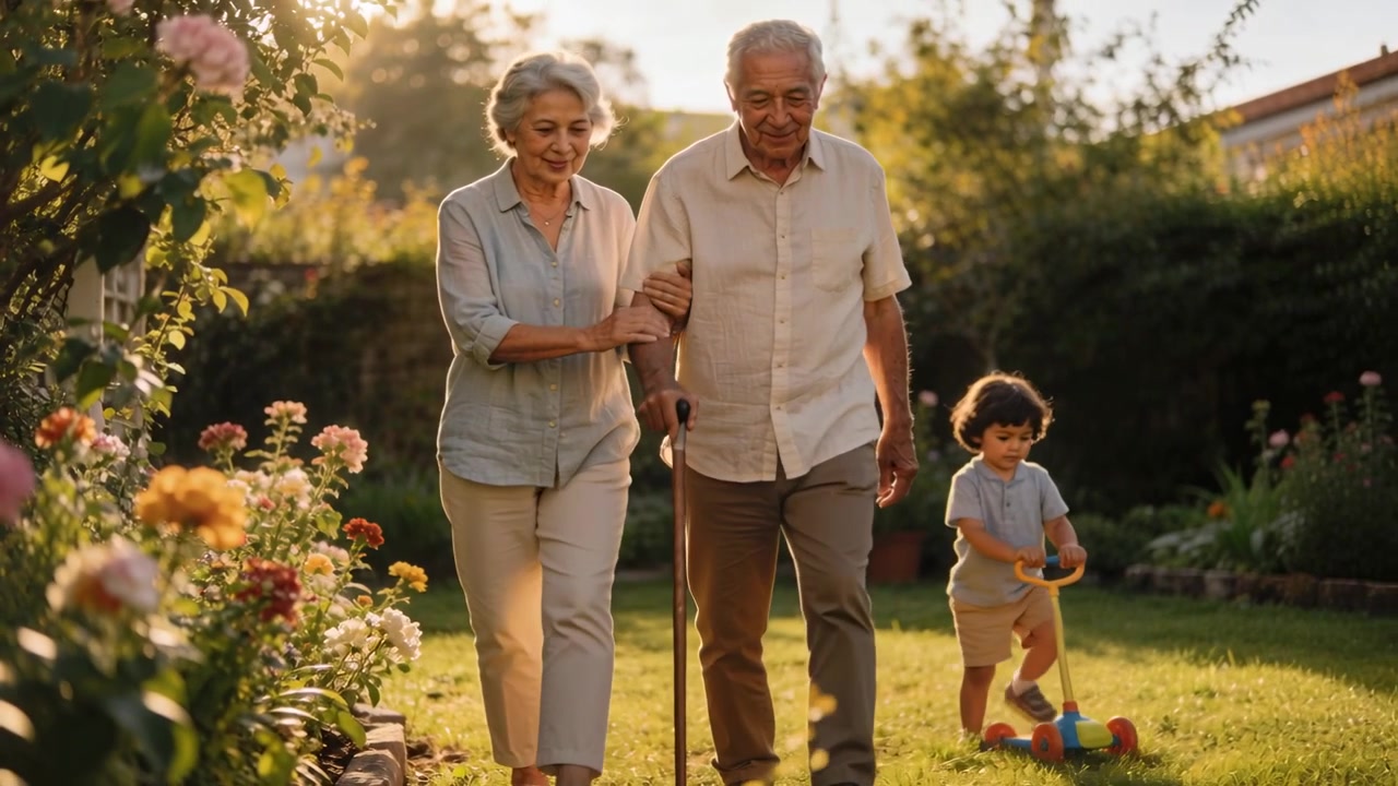Walking seniors in light tops linking arms using cane, toddler pushing toy in garden sun starting