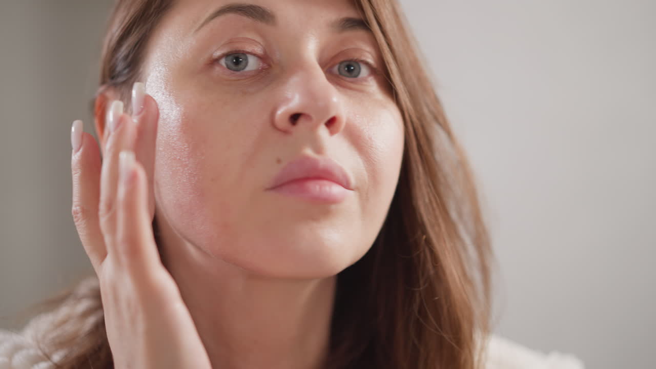 una mujer examina la piel facial con los dedos en la ducha. una mujer bonita con emociones positivas siente felicidad después de tratamientos de belleza en un moderno salón de spa