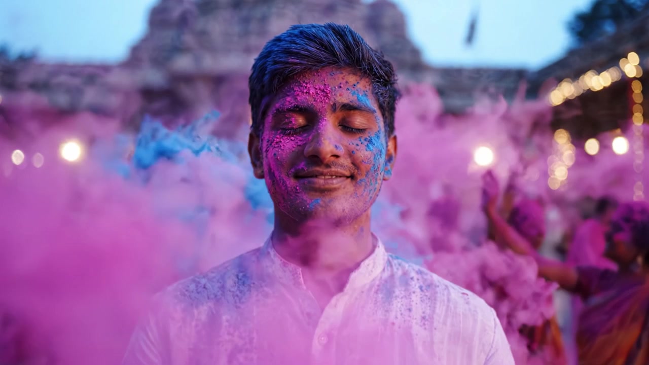 Una gioiosa celebrazione del colore: un giovane festeggia con vivace polvere Holi durante un raduno festivo in un'atmosfera colorata al tramonto.