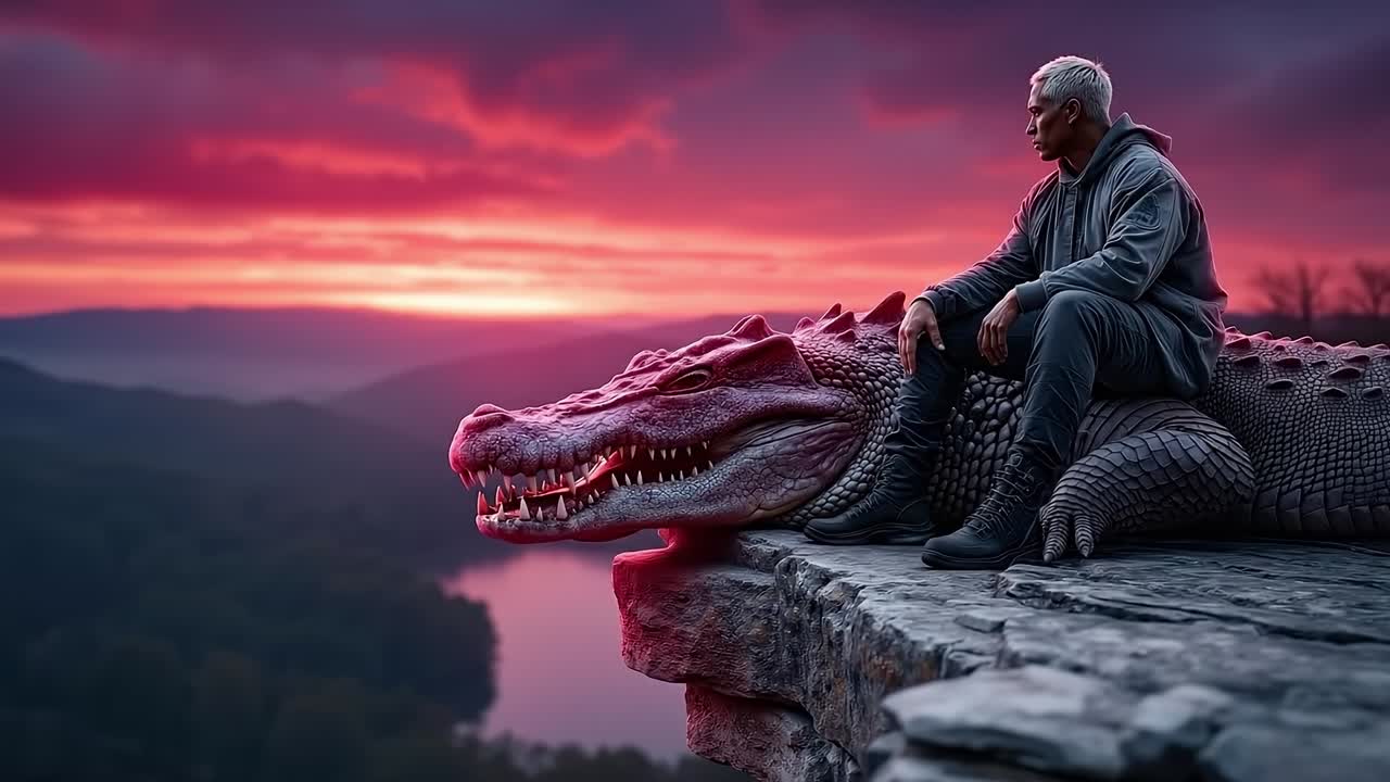 A man sitting on top of a rock next to a dragon