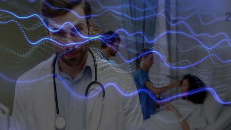 male doctor reviewing chart in hospital room, nurse tending patient with glowing waveform overlay