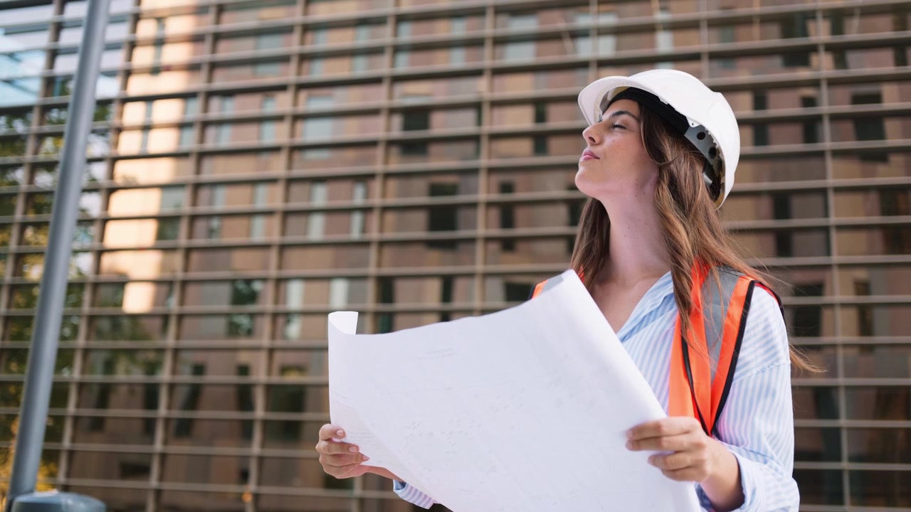 Arquitecta revisando los planos en el sitio de construcción