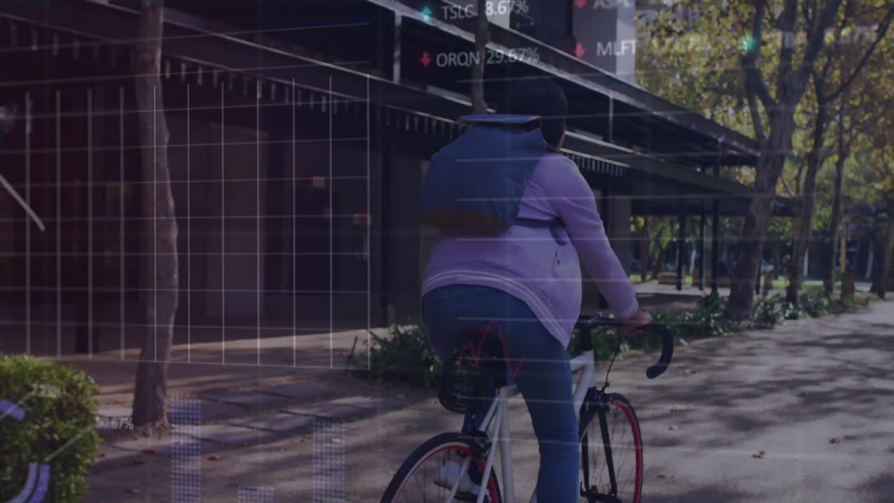 Woman riding road bicycle down urban sidewalk, displaying floating financial charts and stock data