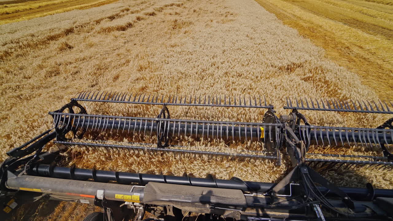 Metal detail of combine harvester. Modern combine harvesting wheat on the field in summer. View from agricultural machine. Close-up.