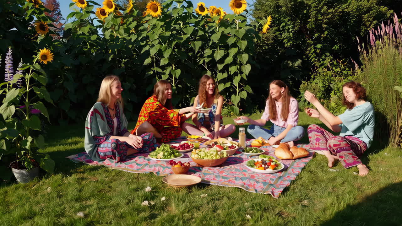 Friends Enjoying a Picnic in a Sunflower Garden