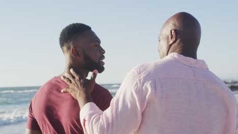 video of african american senior father and adult son walking on beach and talking