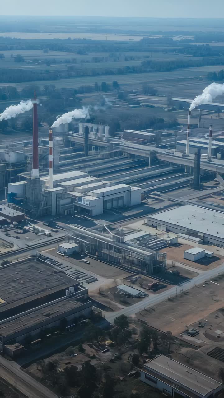 Vertical video: Starting drone panning over factory near fields, revealing stacks emitting plumes